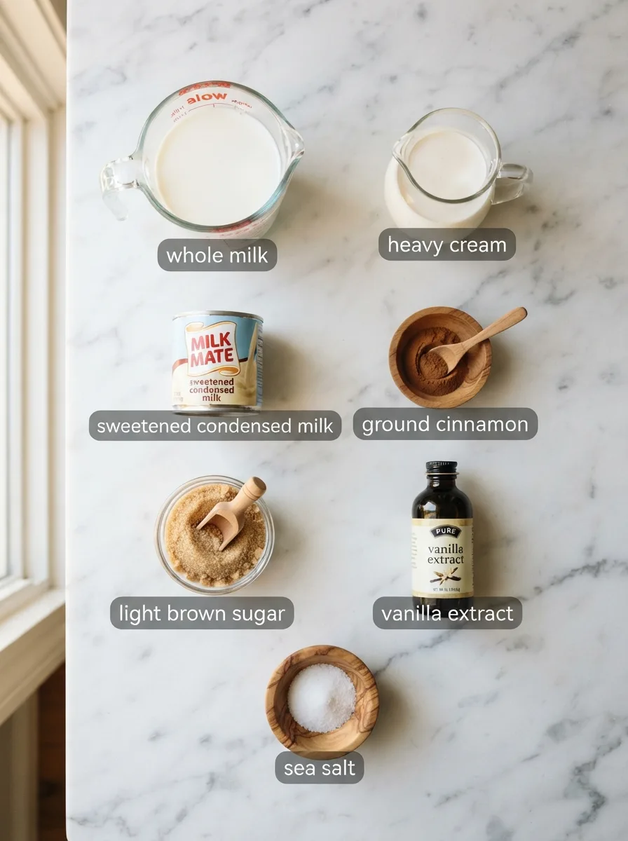 Ingredients for summer moon moon milk recipe measured into bowls: milk, cream, cinnamon, vanilla