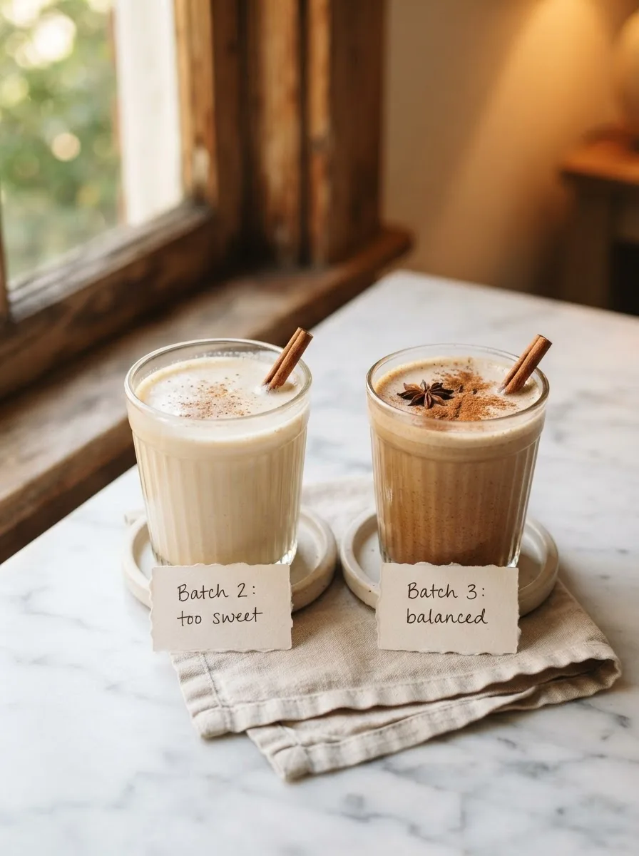 Side-by-side comparison of two moon milk batches, one too sweet and one balanced