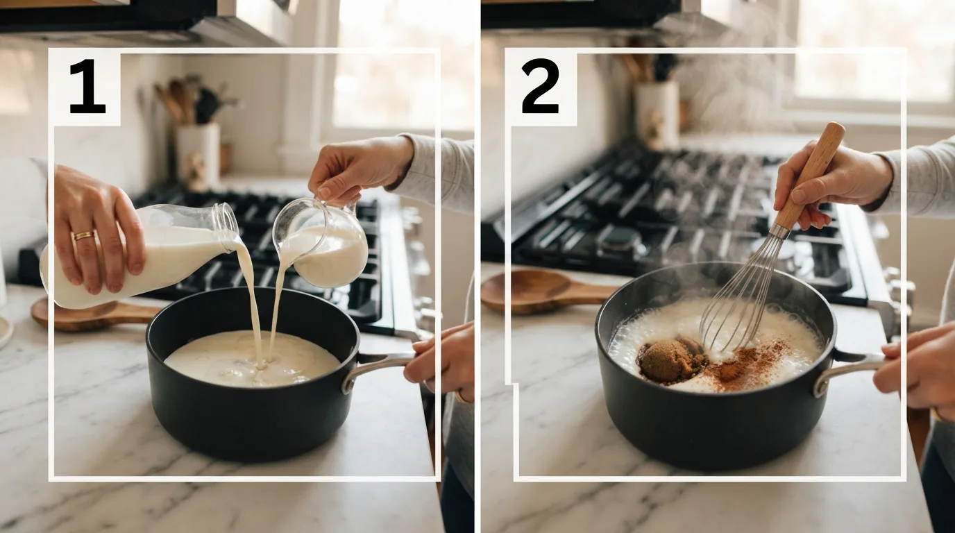 Pouring whole milk and heavy cream into a saucepan for moon milk / Whisking brown sugar and cinnamon into warm milk on the stovetop