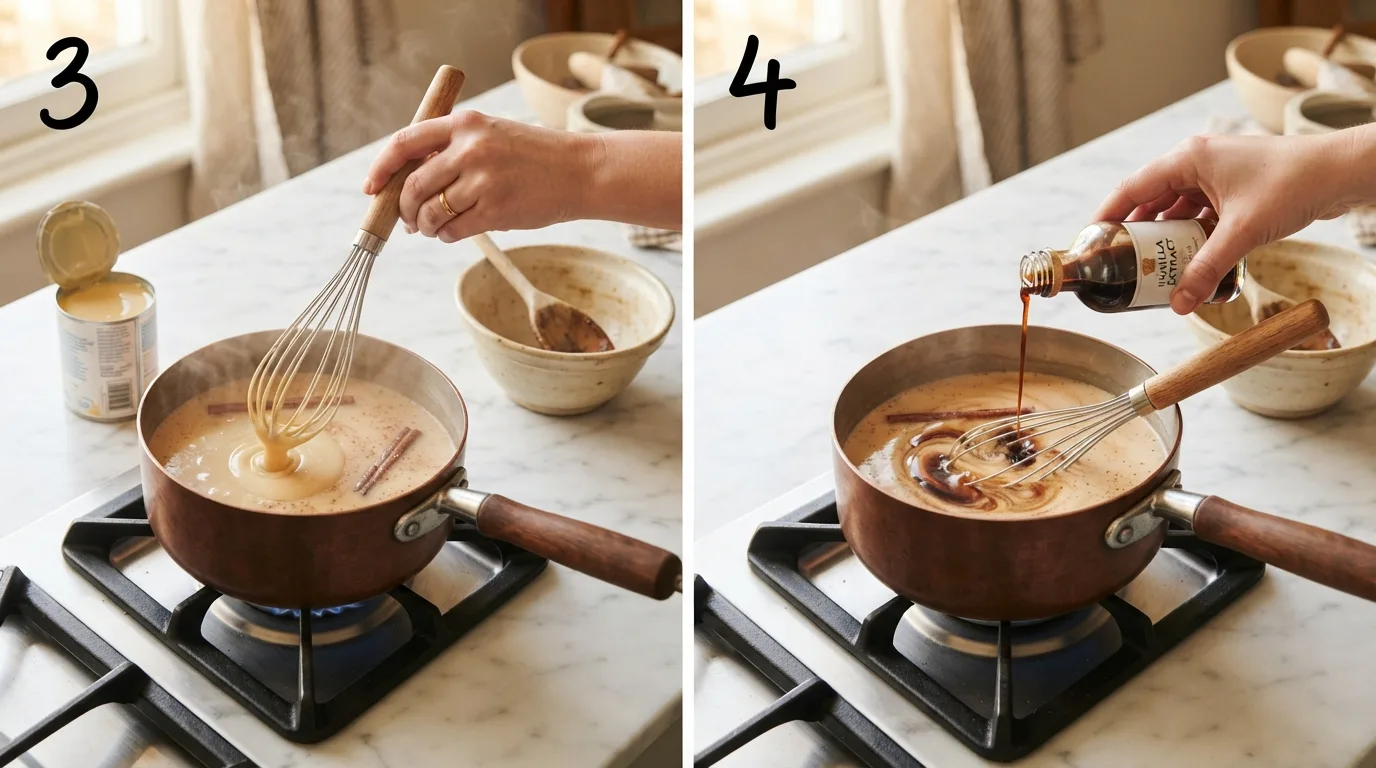 Whisking sweetened condensed milk into warm cinnamon milk in a saucepan / Pouring vanilla extract into moon milk mixture on the stove