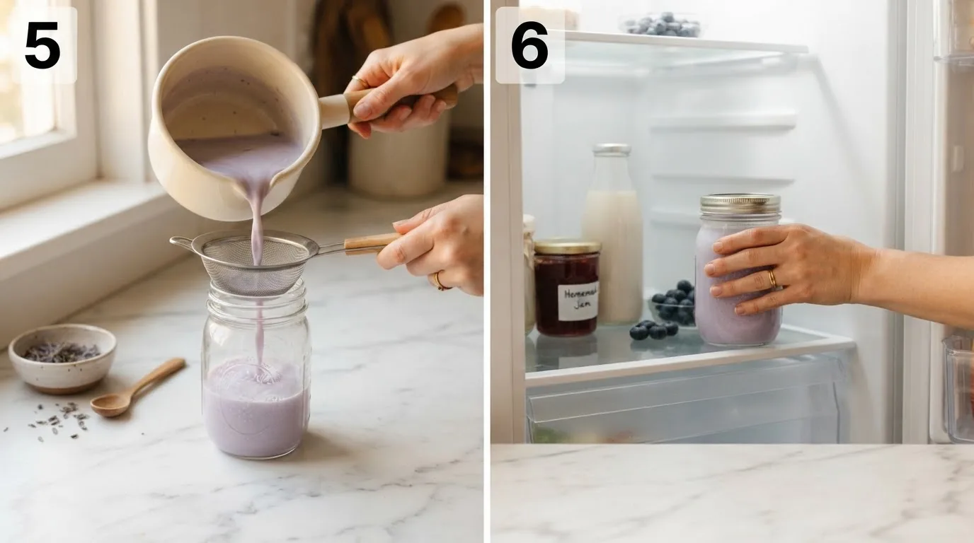 Straining moon milk mixture through a fine mesh strainer into a glass jar / Placing a sealed jar of finished moon milk into the refrigerator