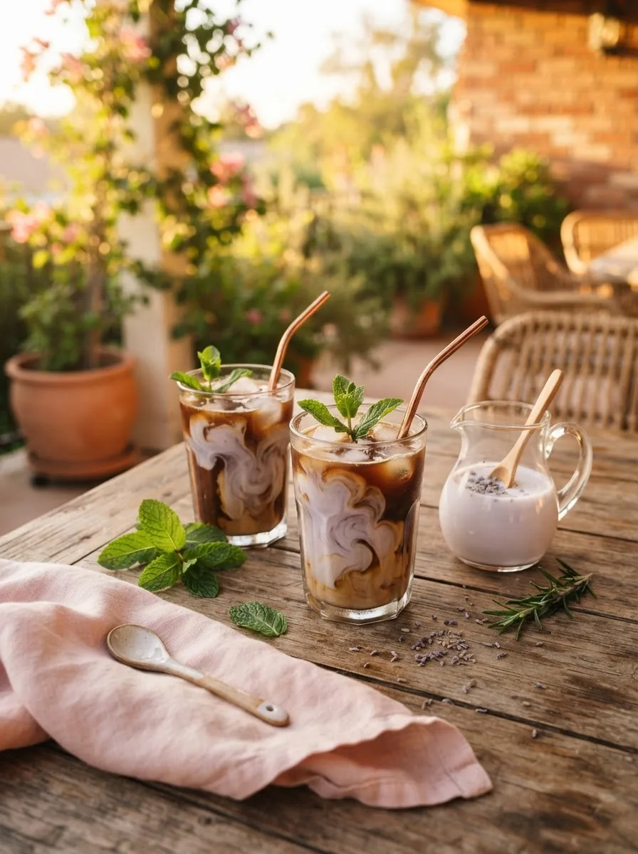 Iced coffee with summermoon moon milk recipe swirl served on a sunlit patio table