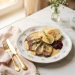 Sliced svickova recipe beef sirloin plated with root vegetable cream sauce, dumpling, and cranberry