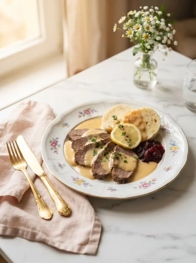 Sliced svickova recipe beef sirloin plated with root vegetable cream sauce, dumpling, and cranberry