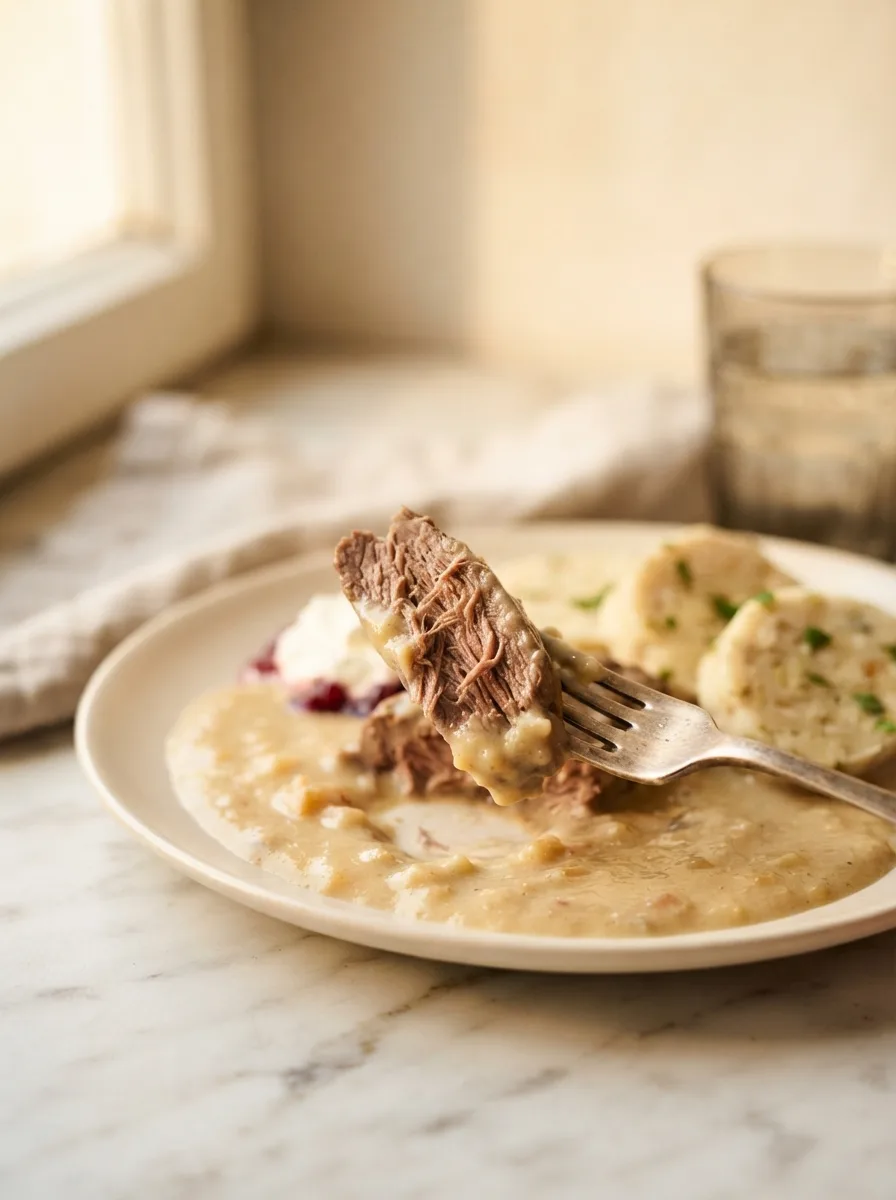 Fork lifting a tender slice of braised beef sirloin above pale root vegetable cream sauce