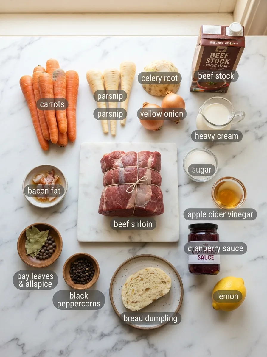 Ingredients for svickova recipe including beef sirloin, root vegetables, cream, and allspice