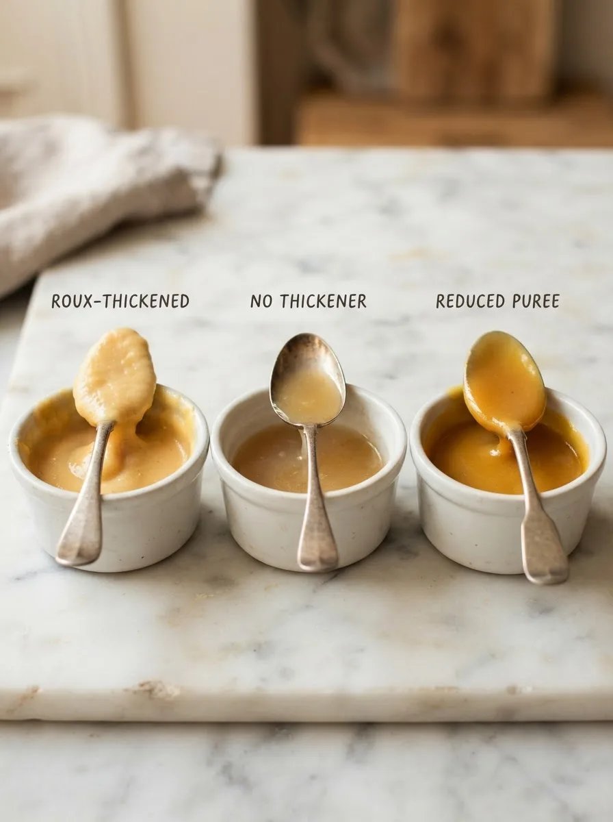 Three svickova sauce textures compared — roux-thickened, unthickened, and reduced puree