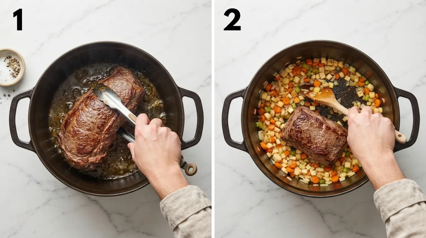 Searing a beef sirloin roast in a Dutch oven until deeply browned on all sides / Stirring chopped root vegetables into rendered fat until softened and golden