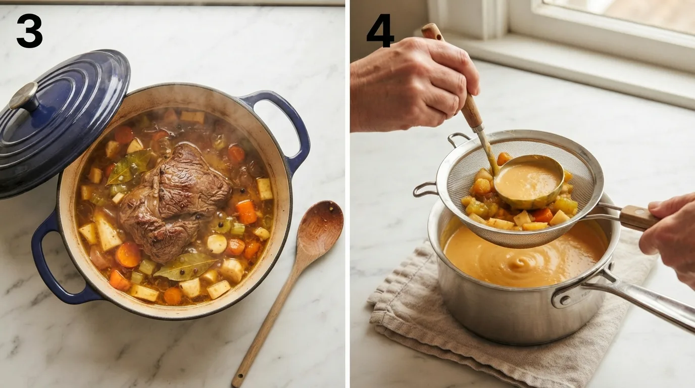 Beef roast braising gently in a covered Dutch oven with root vegetables and broth / Straining golden root vegetable puree through a fine mesh sieve into a saucepan