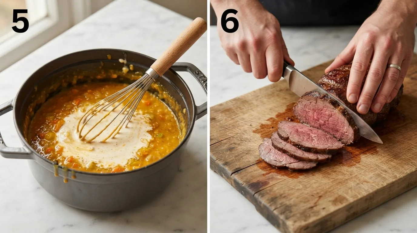 Whisking heavy cream into golden root vegetable sauce off the heat until glossy / Slicing a rested beef sirloin roast thin against the grain on a wooden board