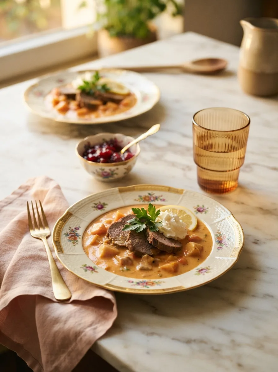 Svickova served at a styled table with cranberry sauce, dumplings, and a second plate blurred behind