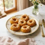 Golden sweet potato pineapple donut rings recipe with glossy glaze and toasted coconut on a floral plate