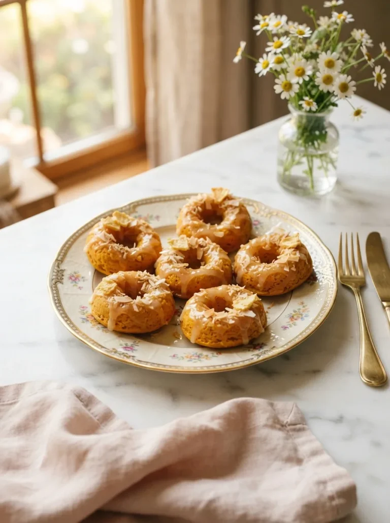 Golden sweet potato pineapple donut rings recipe with glossy glaze and toasted coconut on a floral plate
