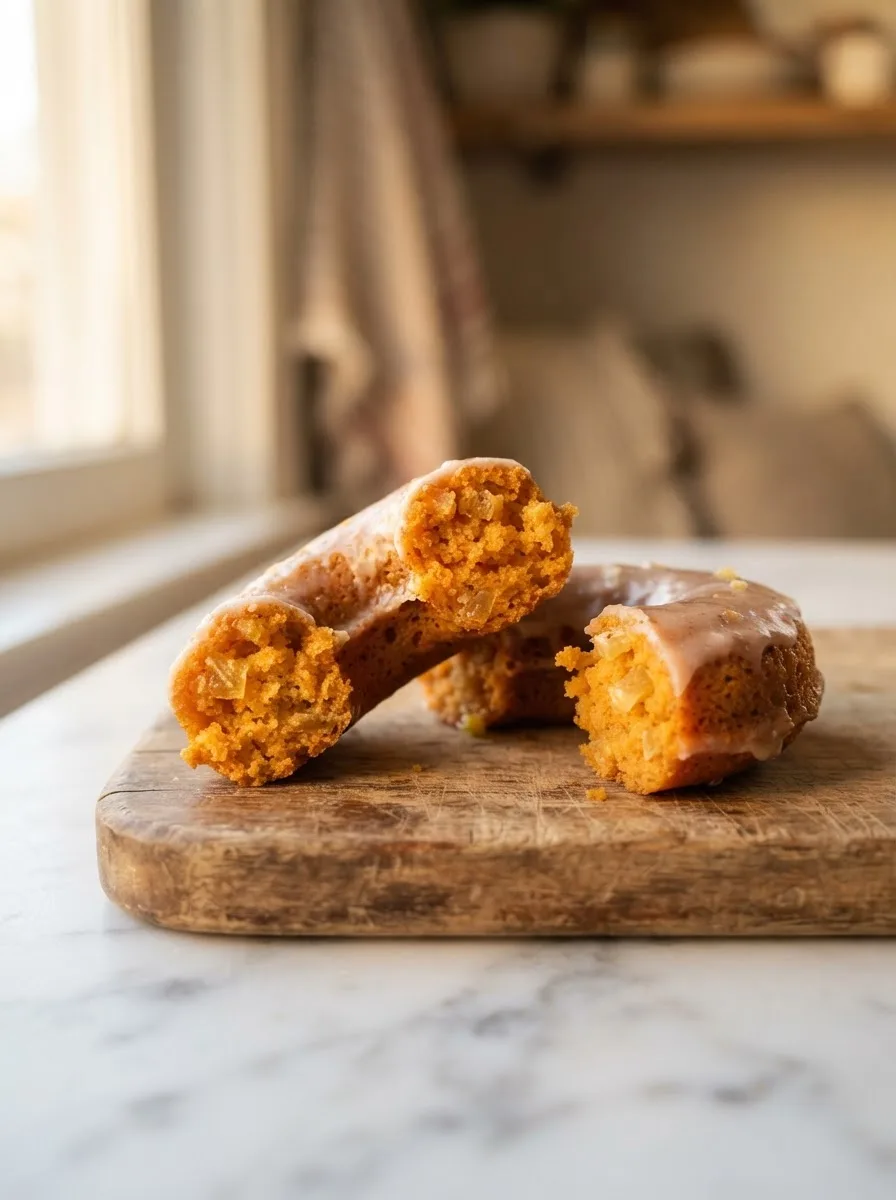 Sweet potato donut ring broken open showing moist orange crumb with pineapple flecks