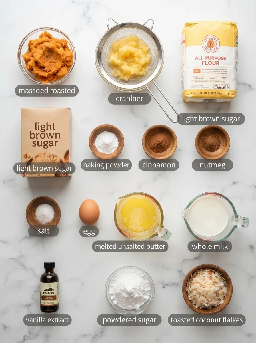 Ingredients for sweet potato pineapple donut rings recipe including sweet potato, pineapple, and flour