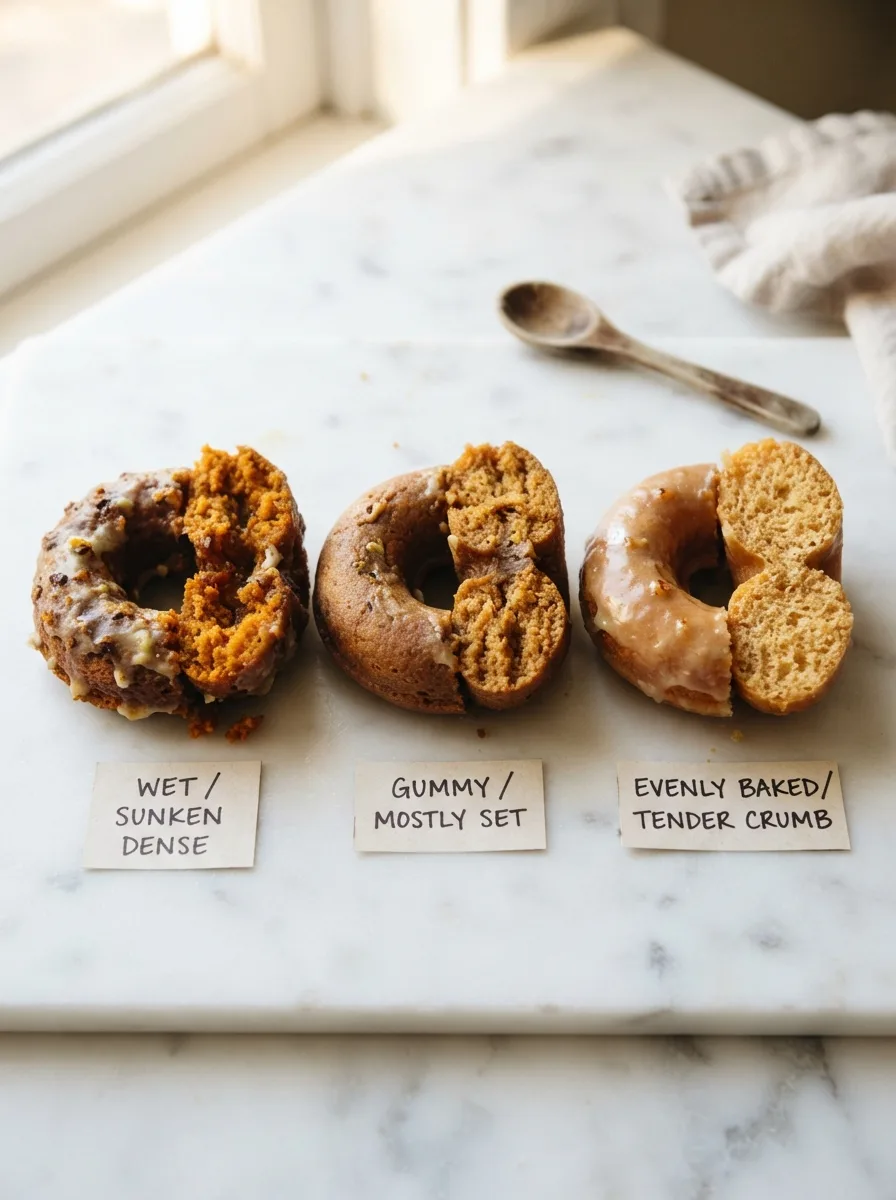 Comparison of donut centers showing sunken, gummy, and evenly baked results based on pineapple drainage