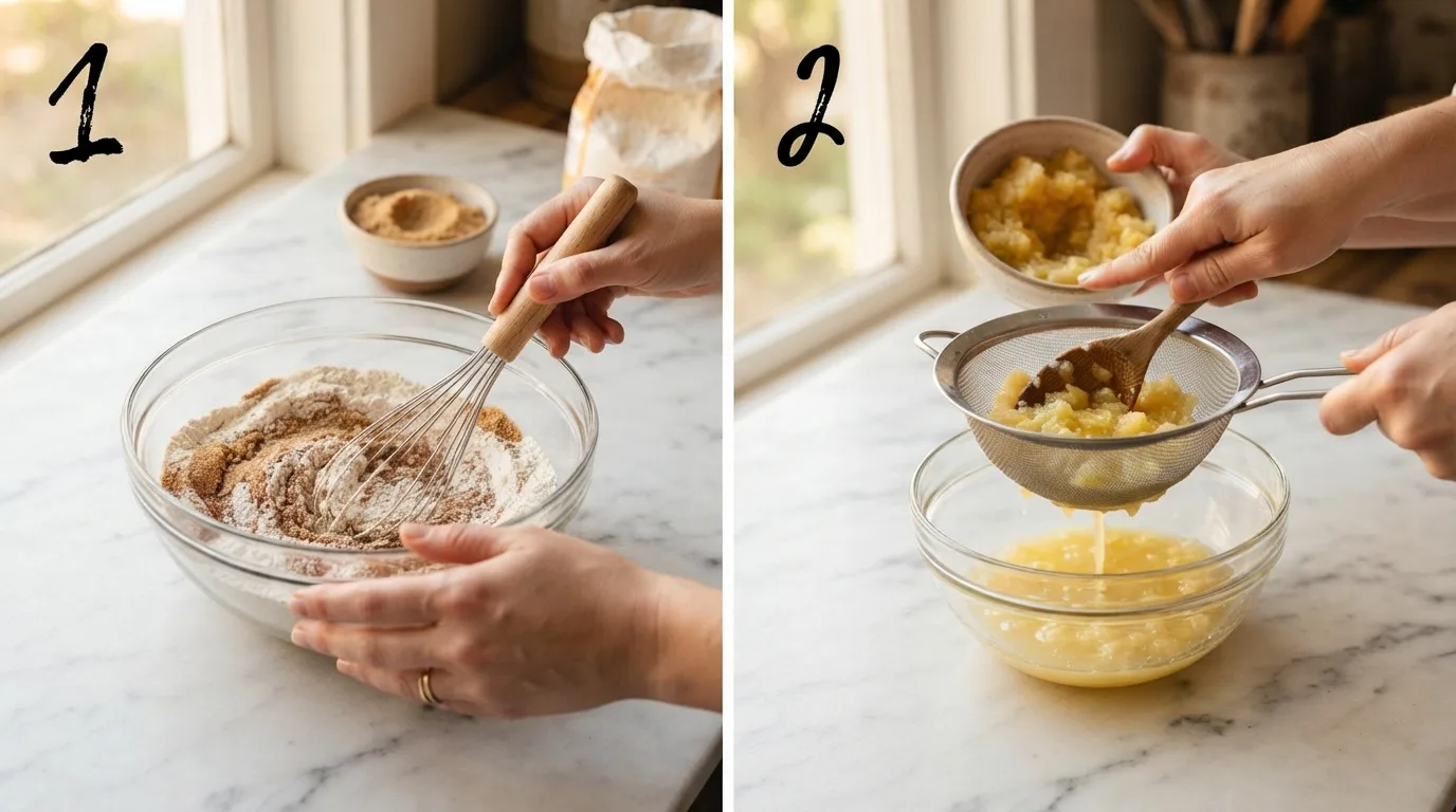 Whisking flour, brown sugar, and cinnamon in a glass bowl for donut batter / Pressing crushed pineapple through a sieve to remove excess liquid
