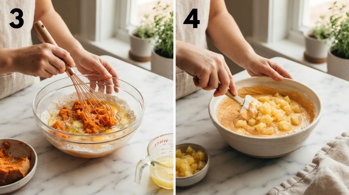 Whisking egg, melted butter, and mashed sweet potato into a smooth batter / Folding drained pineapple into sweet potato donut batter with a spatula