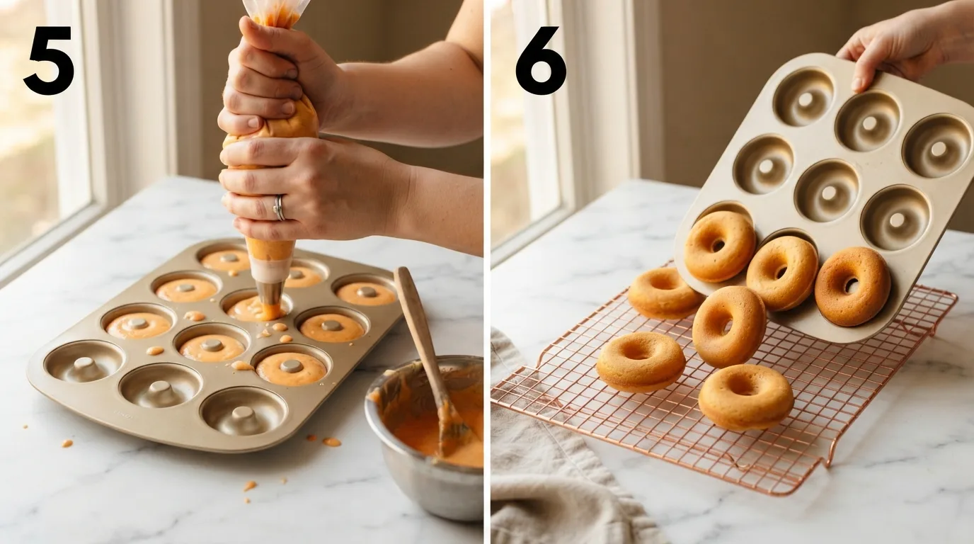 Piping sweet potato pineapple batter into a gold donut pan / Turning baked donut rings out onto a copper wire cooling rack