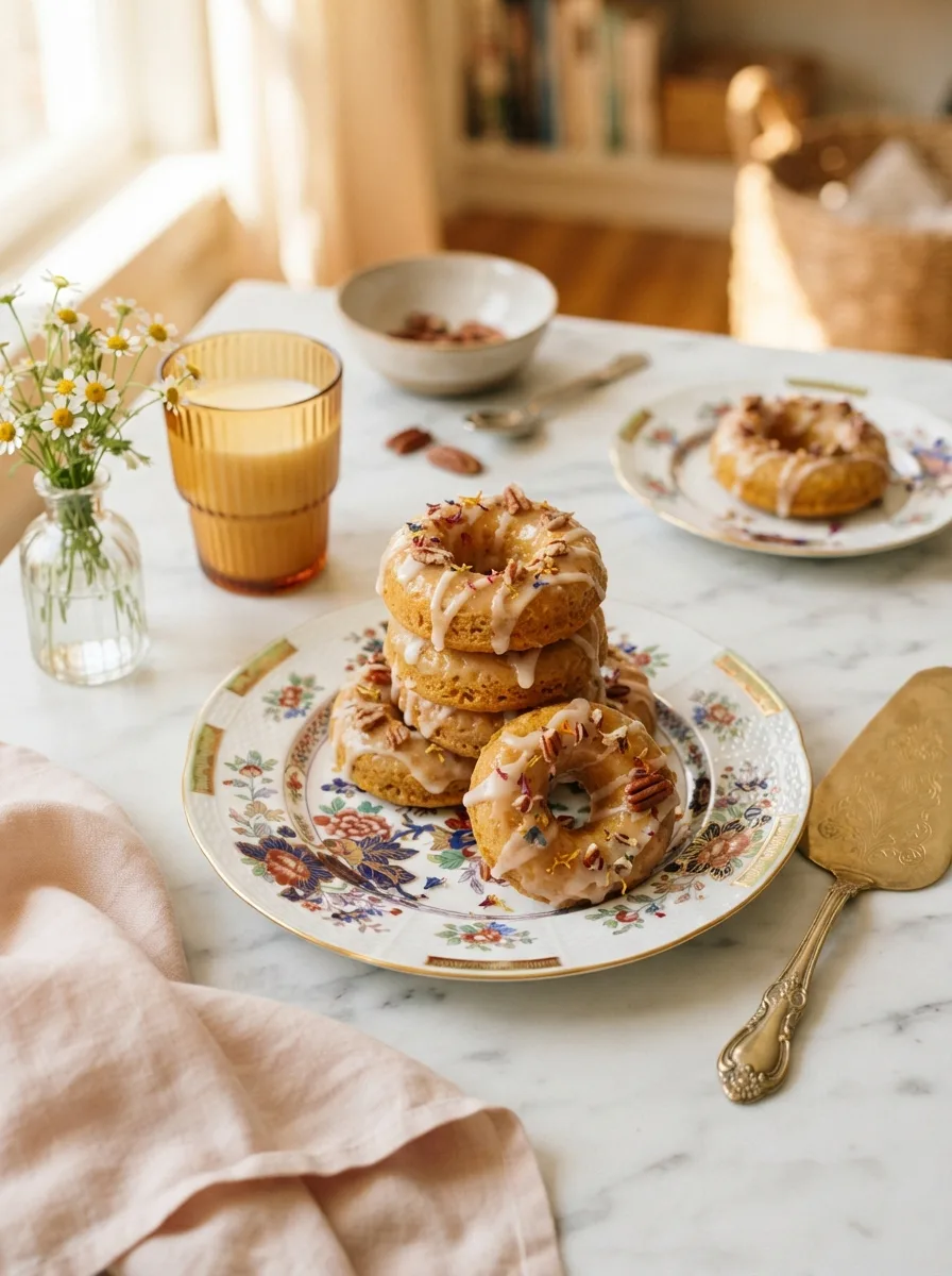 Stacked sweet potato pineapple donuts served with milk on a floral plate