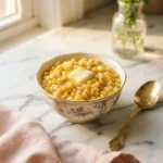 Golden Texas Roadhouse buttered corn with melting butter in a floral gold-rim bowl