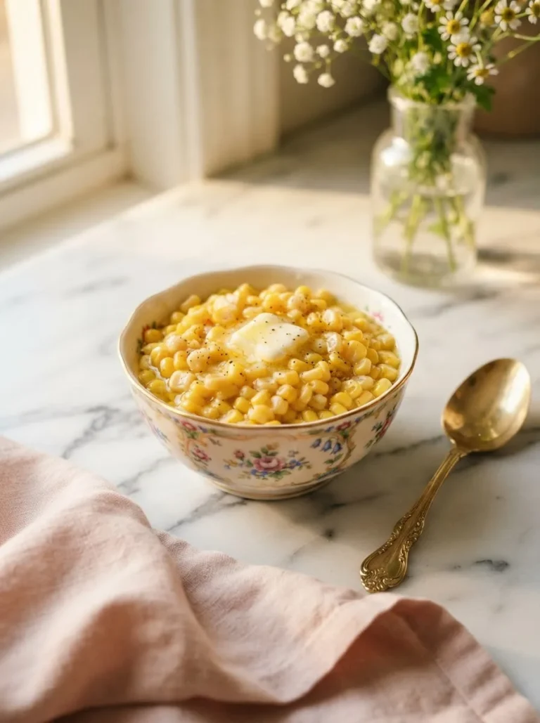 Golden Texas Roadhouse buttered corn with melting butter in a floral gold-rim bowl