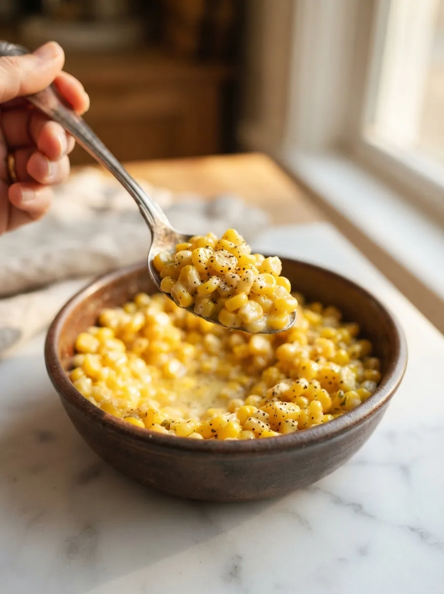 Spoonful of creamy buttered corn showing glossy sauce clinging to each kernel