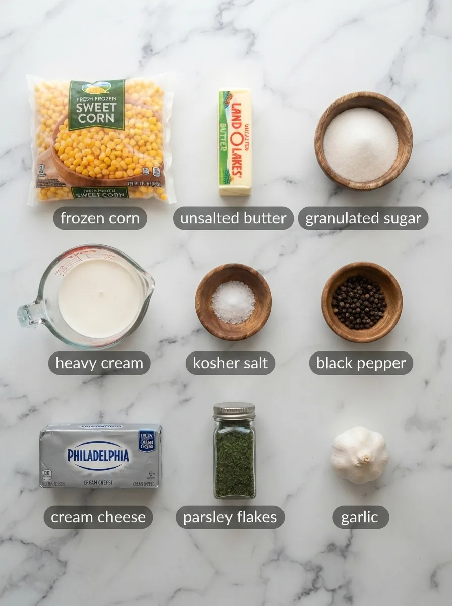 Ingredients for texas roadhouse buttered corn measured into bowls on marble