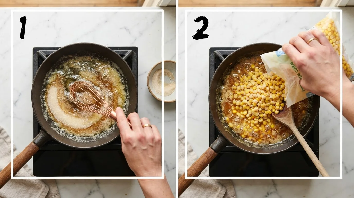 Whisking sugar into melted butter for texas roadhouse buttered corn / Pouring frozen corn kernels into melted butter and sugar in a saucepan