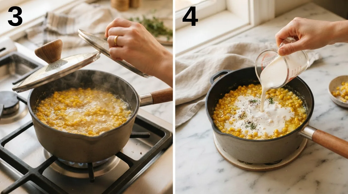 Simmering buttered corn covered in a saucepan with steam rising / Pouring heavy cream into texas roadhouse corn off the heat