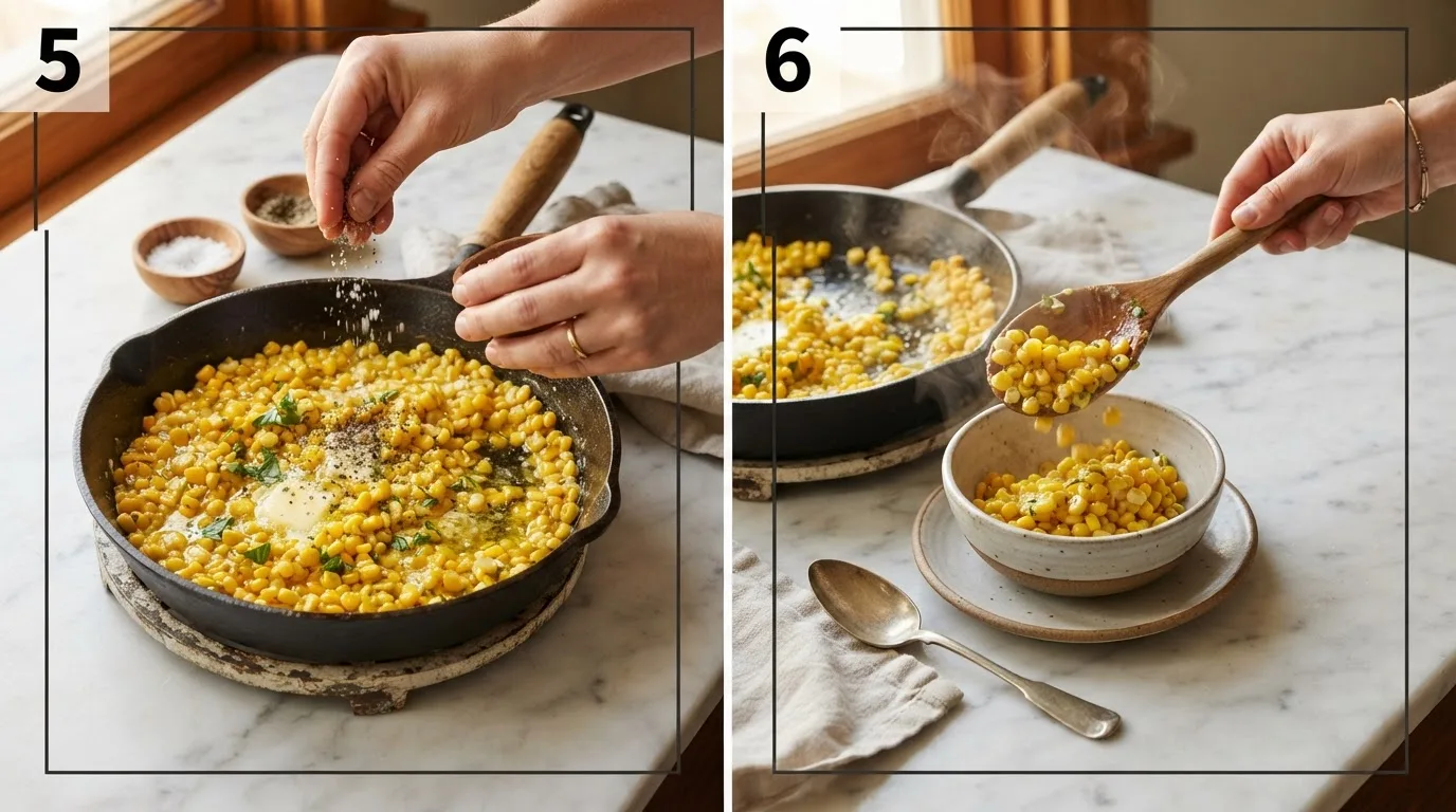 Seasoning finished texas roadhouse buttered corn with salt and pepper / Spooning finished buttered corn into a small serving bowl