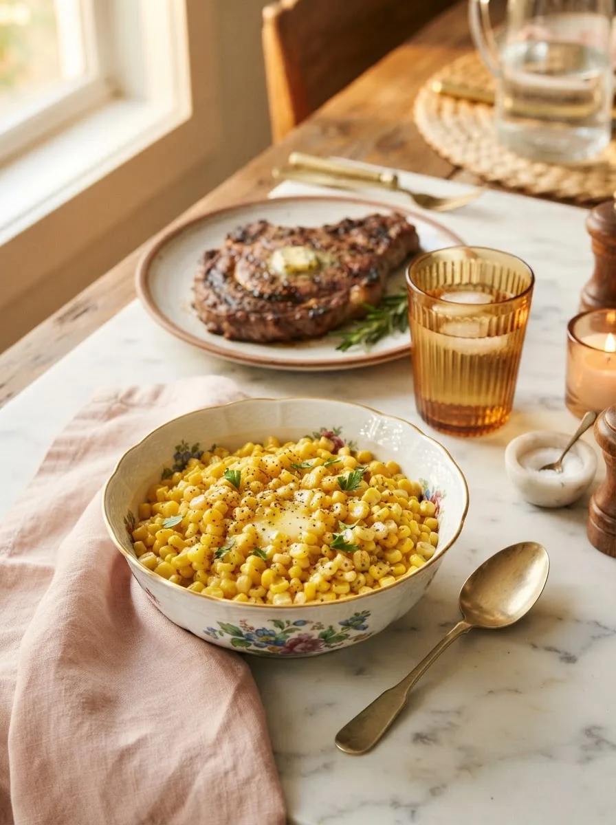 Texas roadhouse corn recipe served alongside steak on a rustic dinner table