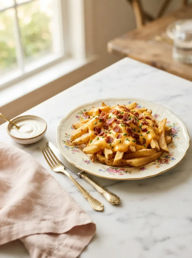 Golden crispy cheese fries texas roadhouse style loaded with melted cheddar sauce and bacon bits