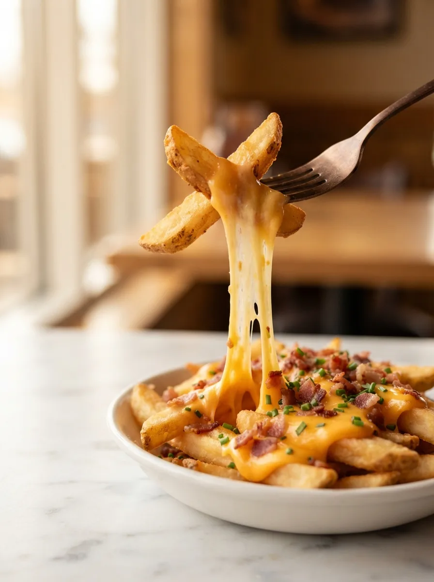 Cheese sauce stretching off a crispy fry showing the pourable texture of this copycat recipe