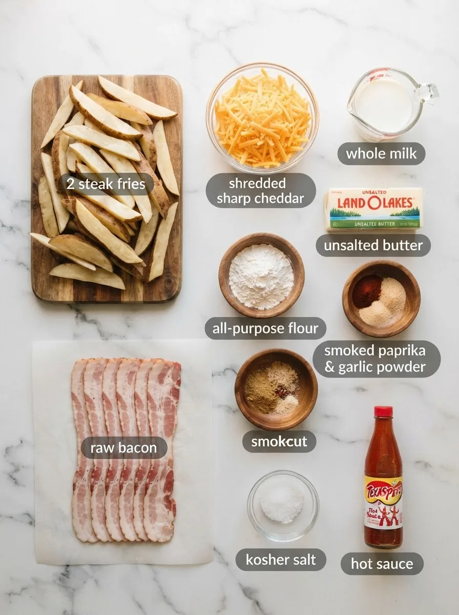 Ingredients for cheese fries texas roadhouse recipe including russet potatoes, cheddar, bacon, and butter