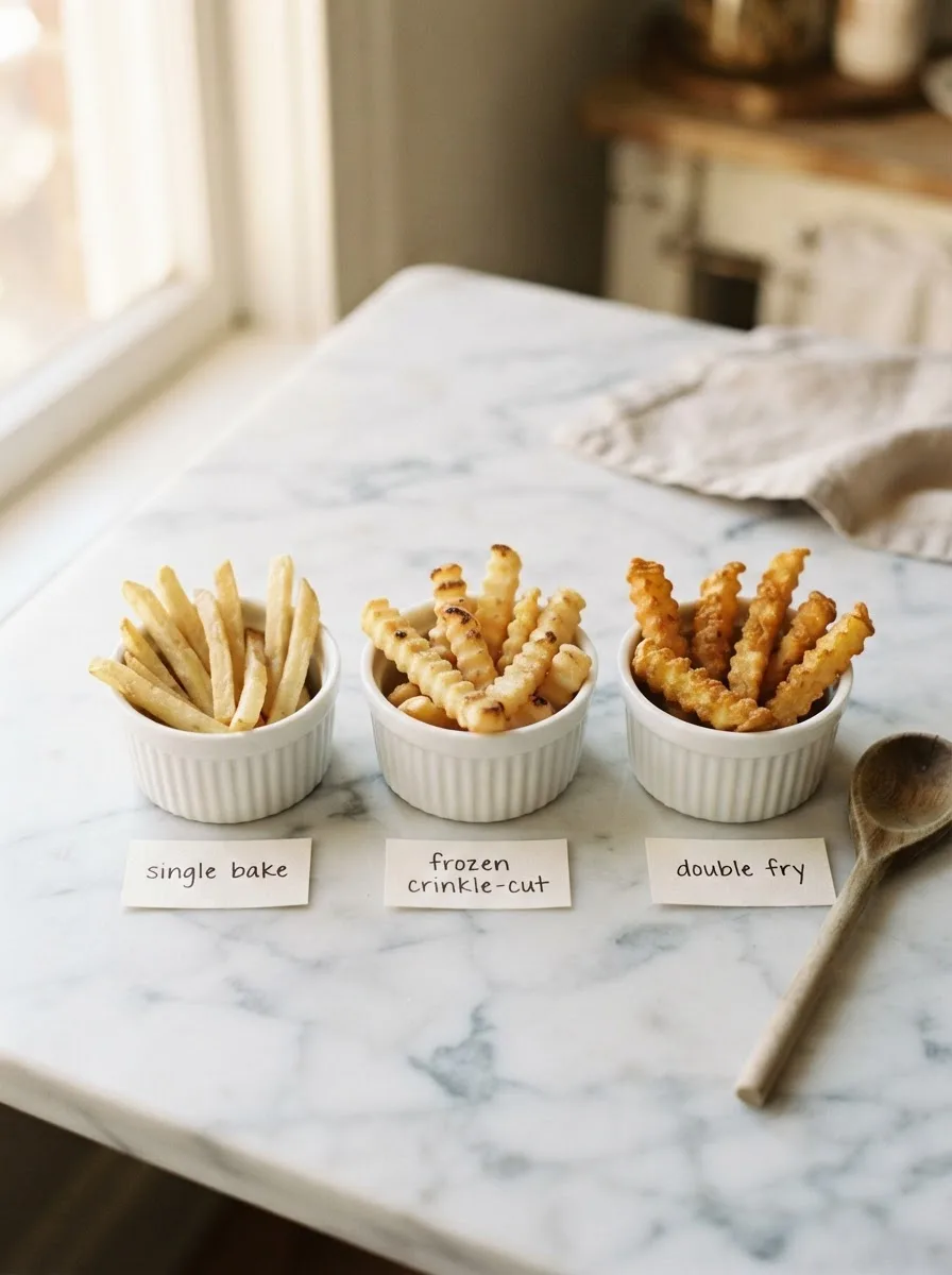 Side by side comparison of single bake, frozen, and double fried potato texture results