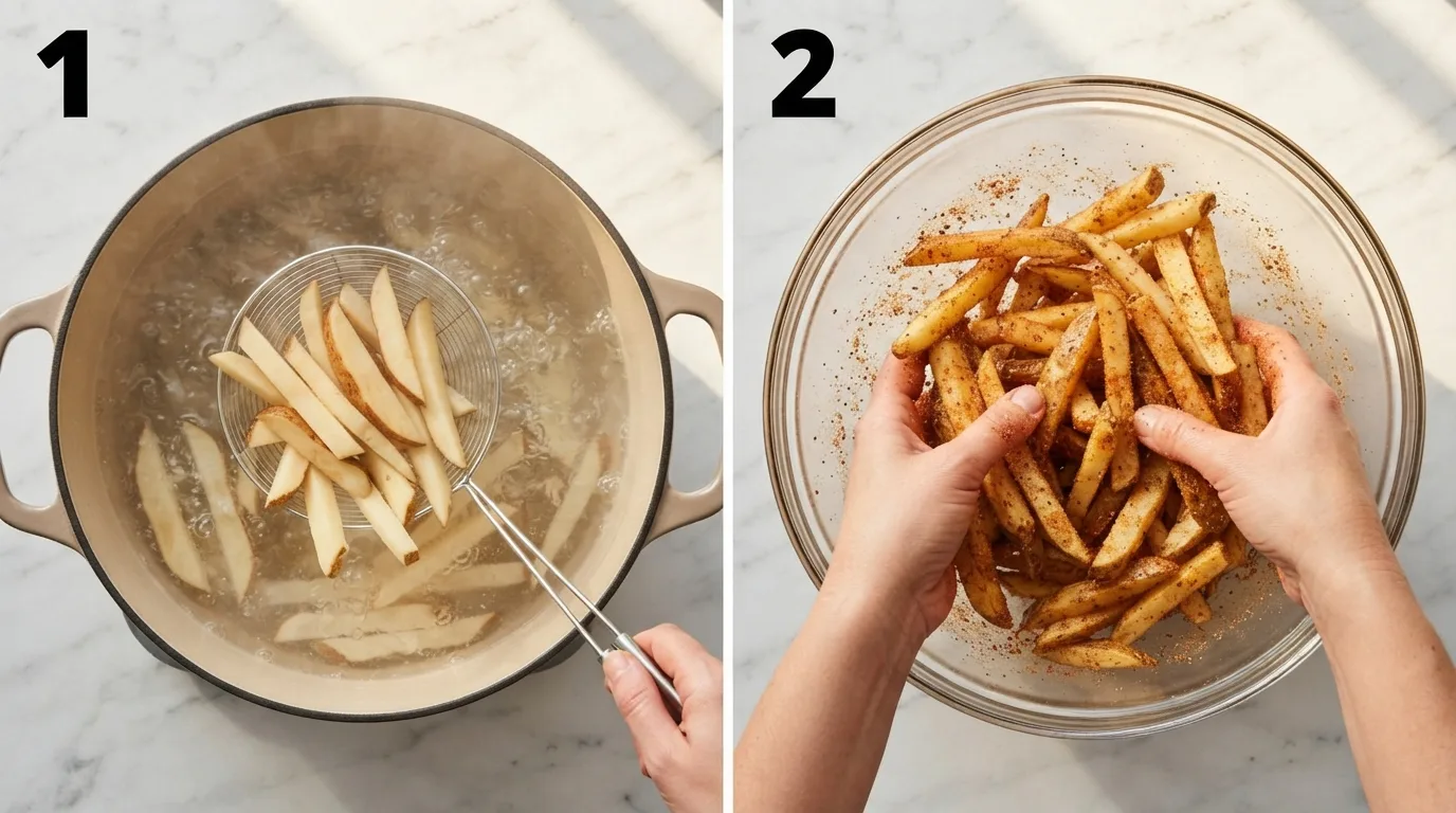 Cutting and parboiling russet potatoes for crispy steak fries / Tossing seasoned fries with smoked paprika and garlic powder before baking