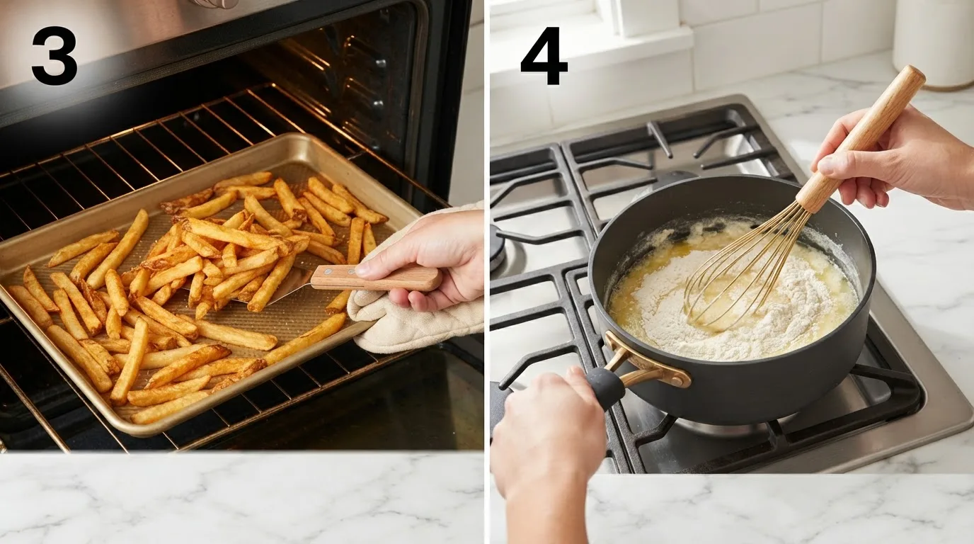Deeply golden crispy fries pulled from the oven after the double fry method / Whisking butter and flour into a roux for the cheddar cheese sauce