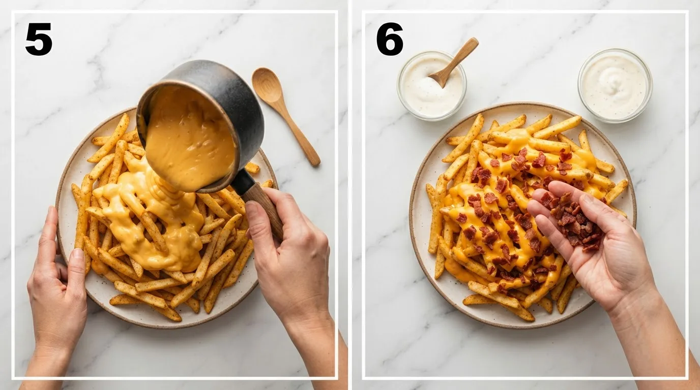 Pouring smooth cheddar cheese sauce over a pile of crispy golden fries / Scattering crispy bacon bits over finished cheese fries with ranch dressing