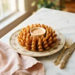 Golden fried Texas Roadhouse onion blossom fully bloomed with spicy dip in the center