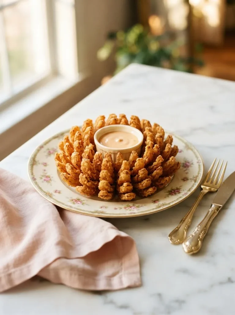 Golden fried Texas Roadhouse onion blossom fully bloomed with spicy dip in the center