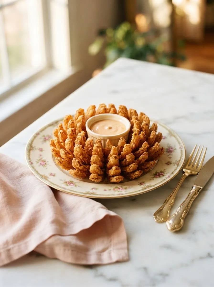 Golden fried Texas Roadhouse onion blossom fully bloomed with spicy dip in the center