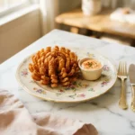 Golden fried texas roadhouse onion blossom fanned open on a floral plate with spicy dip