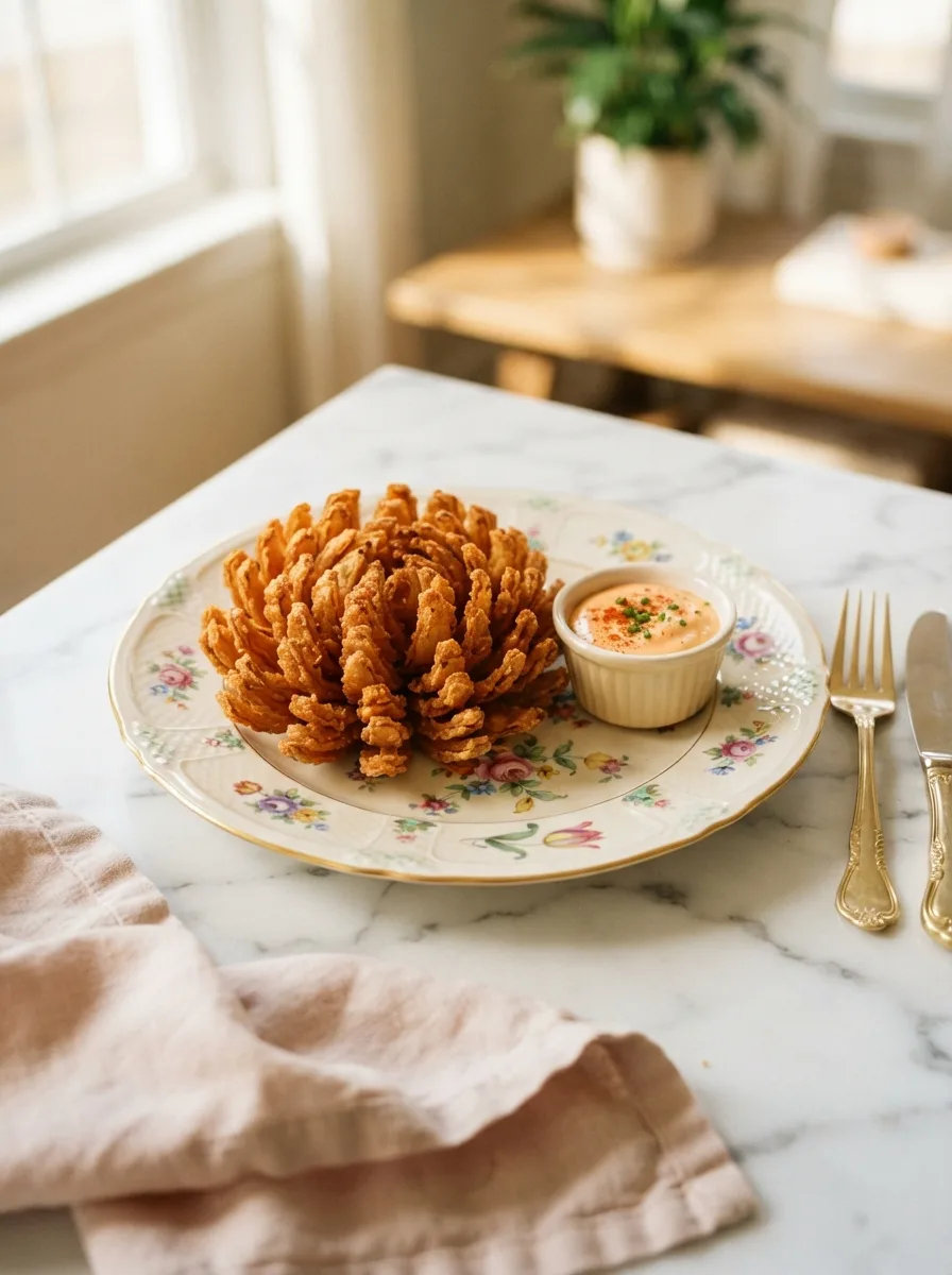 Golden fried texas roadhouse onion blossom fanned open on a floral plate with spicy dip