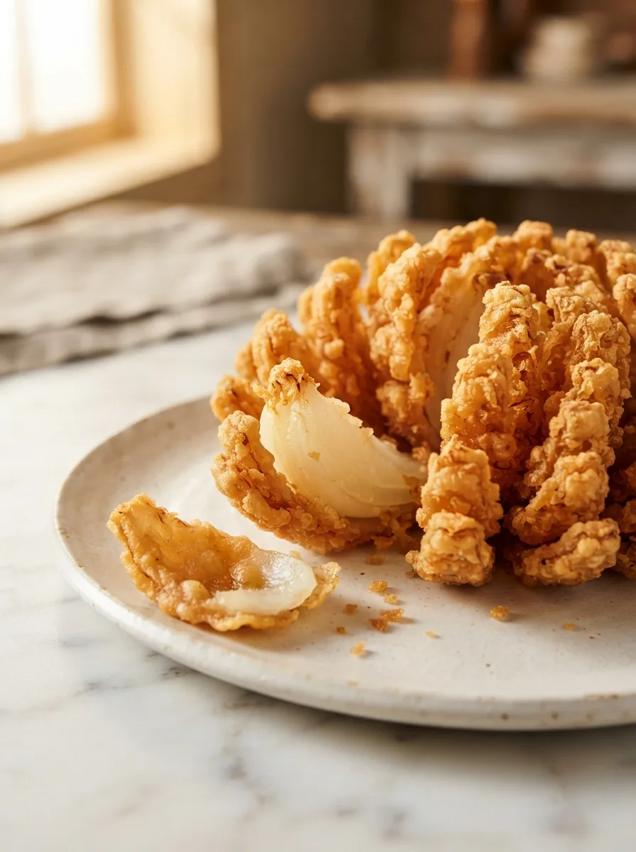 Close-up of crispy craggy batter on a pulled-apart onion blossom petal