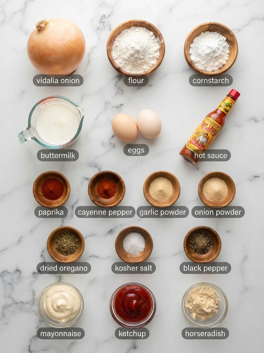 Ingredients for texas roadhouse onion blossom measured into bowls: onion, flour, buttermilk, eggs