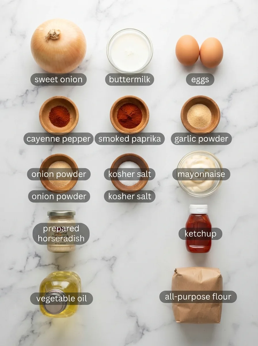 Ingredients for texas roadhouse onion blossom laid out on marble with labels
