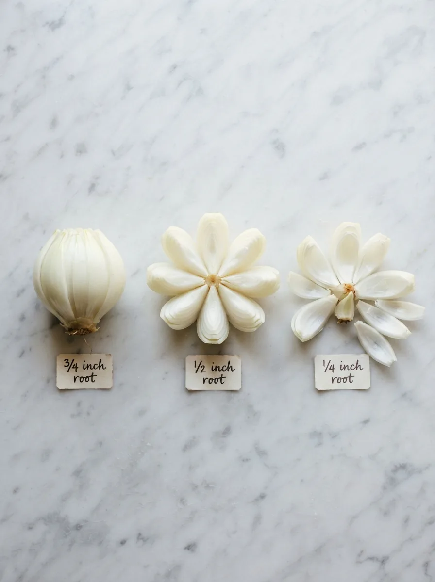 Three onion blossom cuts compared — three-quarter inch root versus half inch versus quarter inch