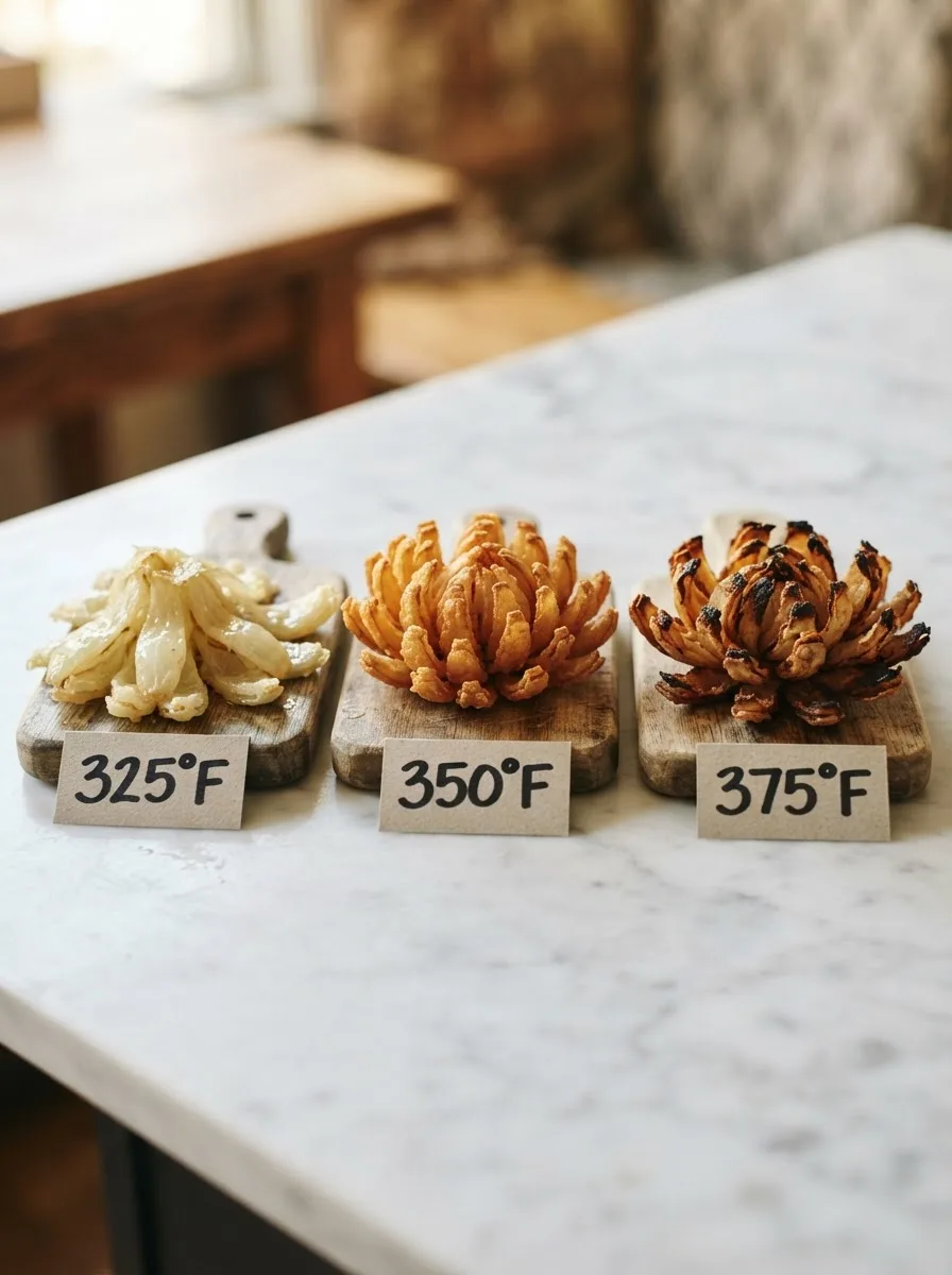 Three fried onion blossoms compared at 325, 350, and 375 degrees oil temperature
