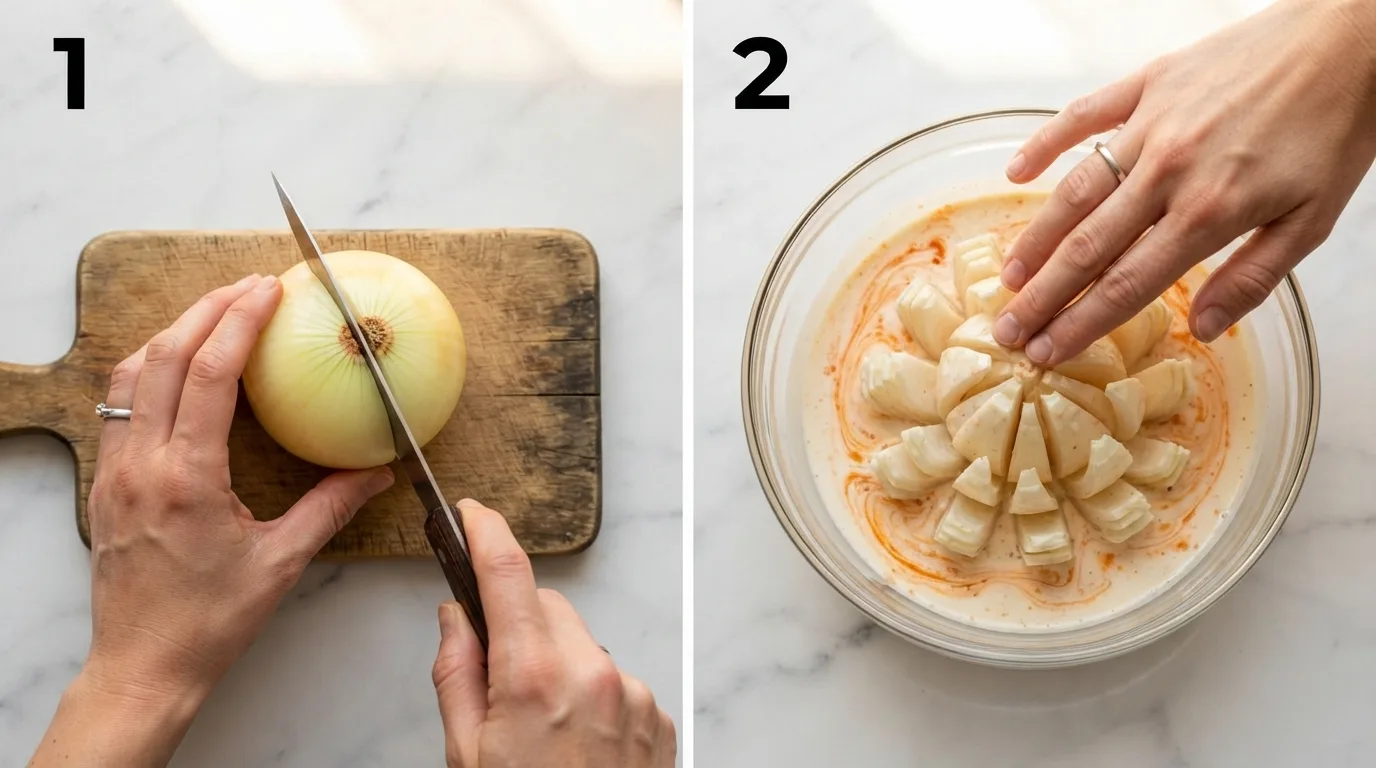 Cutting an even wedge into a peeled onion stopping short of the root / Cut onion petals fanning open in a bowl of buttermilk and hot sauce